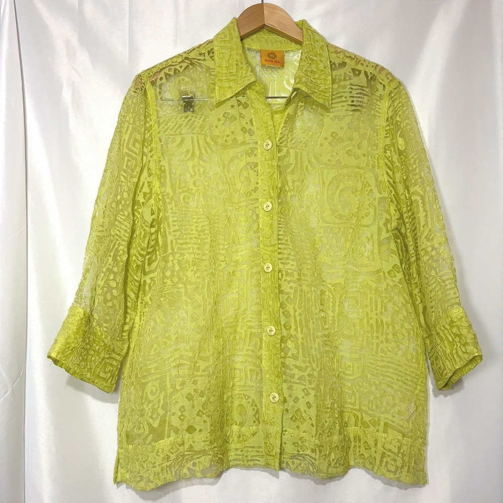 Ruby Rd Lime Green Burnout Sheer Button Up Blouse 3/4 Sleeve Geo Chartreuse
